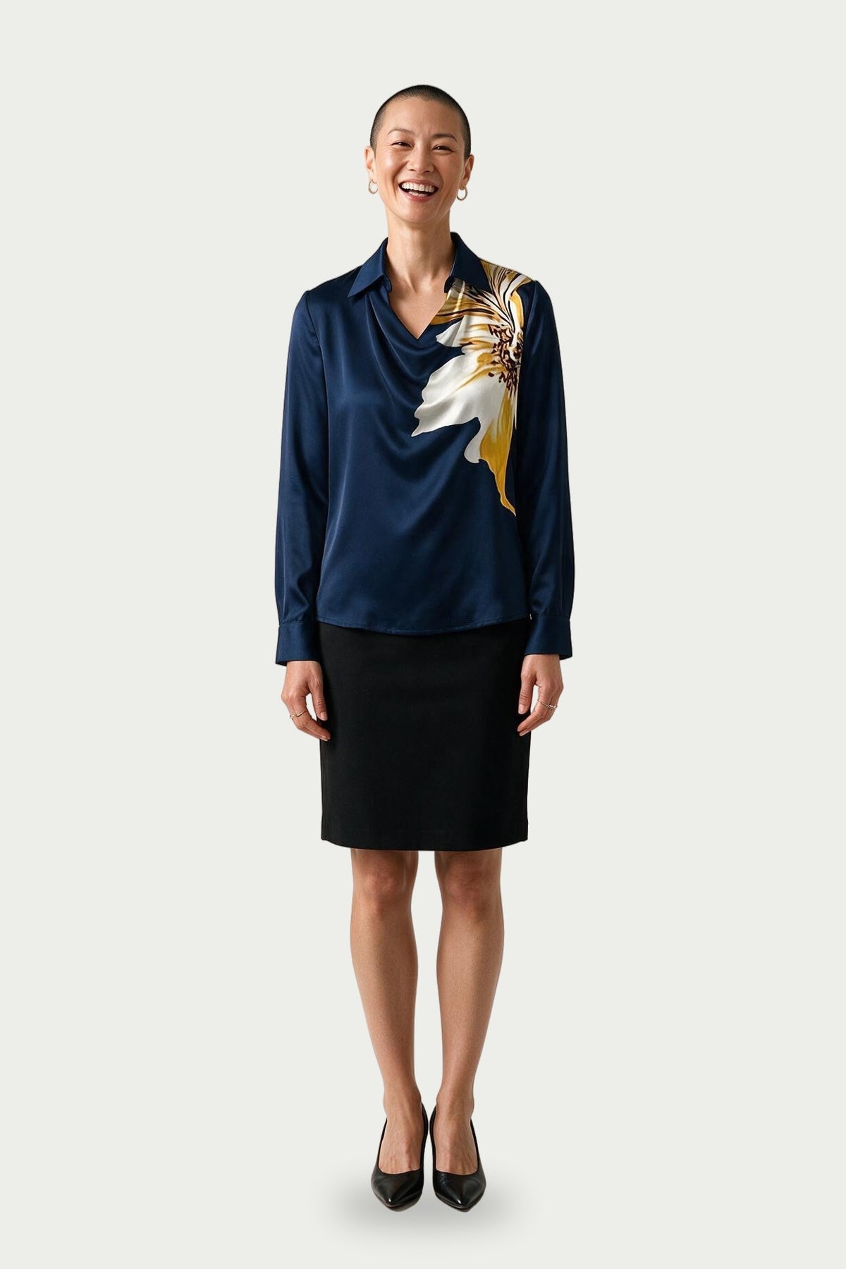 SOLTERI Genevieve - Cowl-Front Satin Blouse - Dark Blue