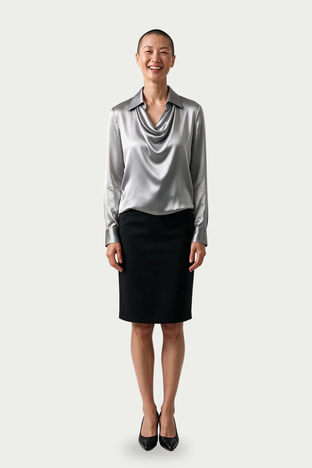 SOLTERI Genevieve - Cowl-Front Satin Blouse - Silver