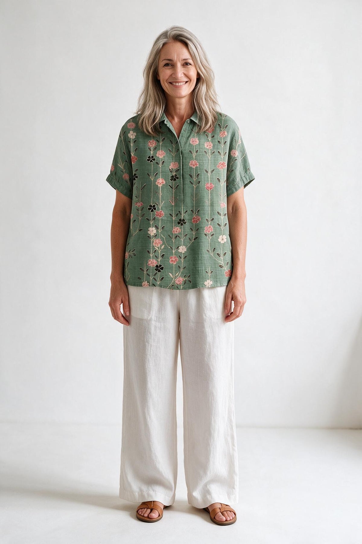 SOLTERI Harriet - Printed Short-Sleeve Blouse With Pockets - Green Floral Print