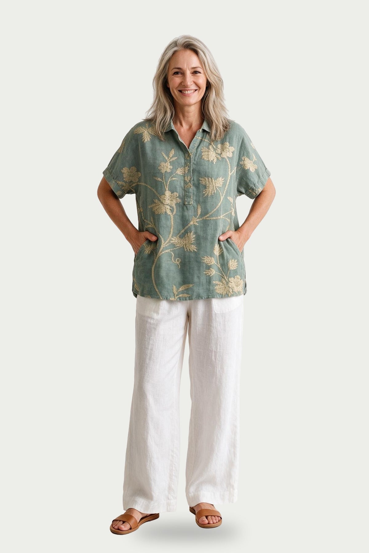 SOLTERI Harriet - Printed Short-Sleeve Blouse With Pockets - Yellowish Green
