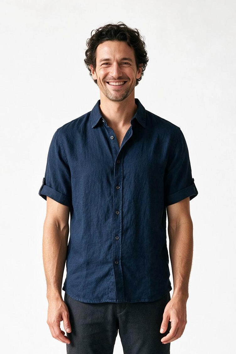 SOLTERI Kelmscott - Pure Linen Short-Sleeve Shirt - Navy