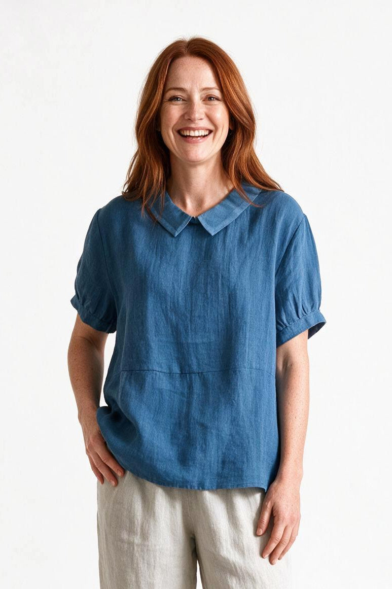 SOLTERI Liesel - Linen Peter Pan Collar Blouse - Blue