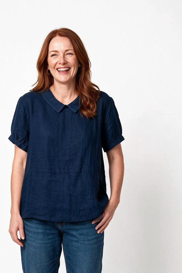 SOLTERI Liesel - Linen Peter Pan Collar Blouse - Navy