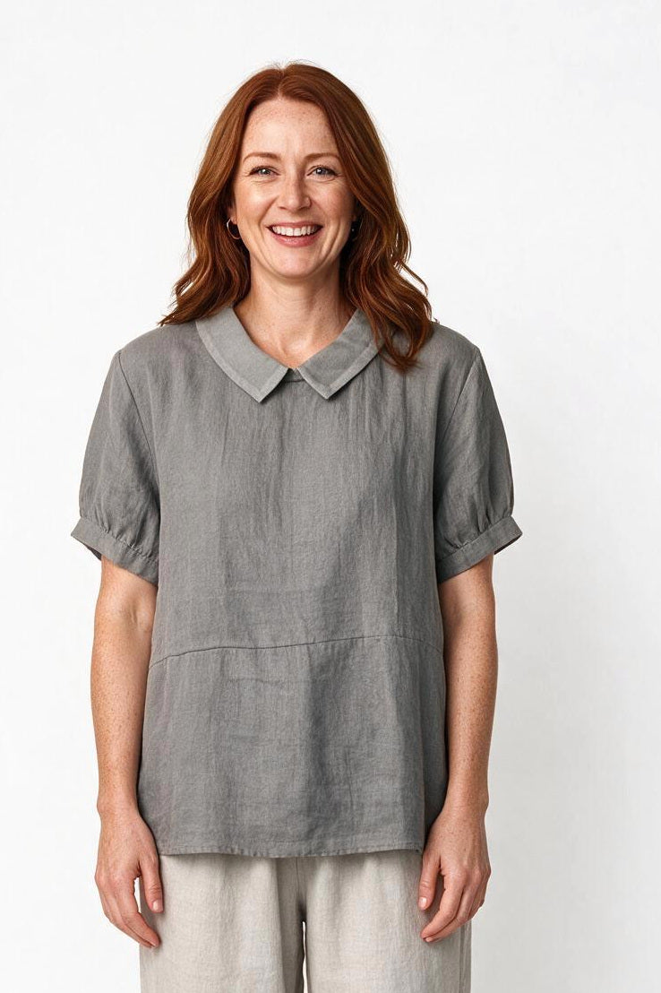 SOLTERI Liesel - Linen Peter Pan Collar Blouse - Grey