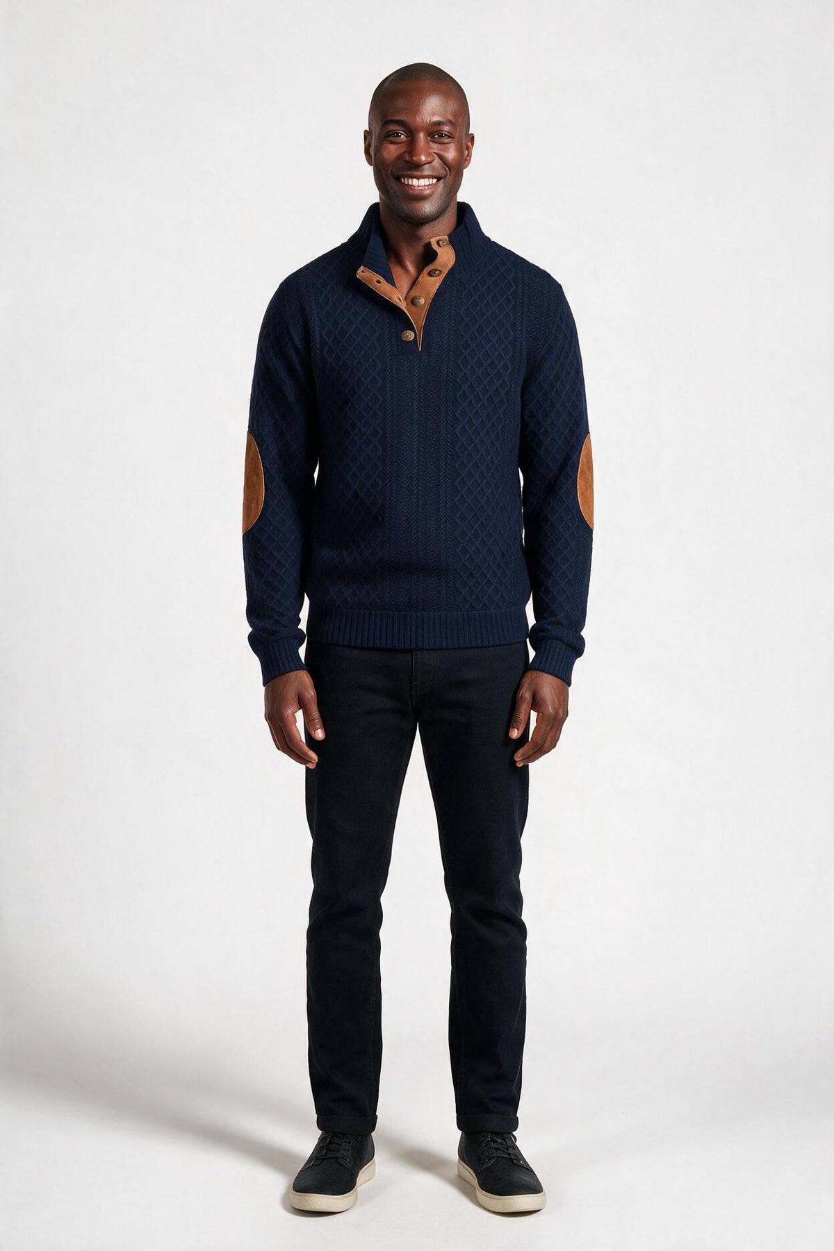 SOLTERI Thorne - Textured Knit Button-Collar Pullover - Navy