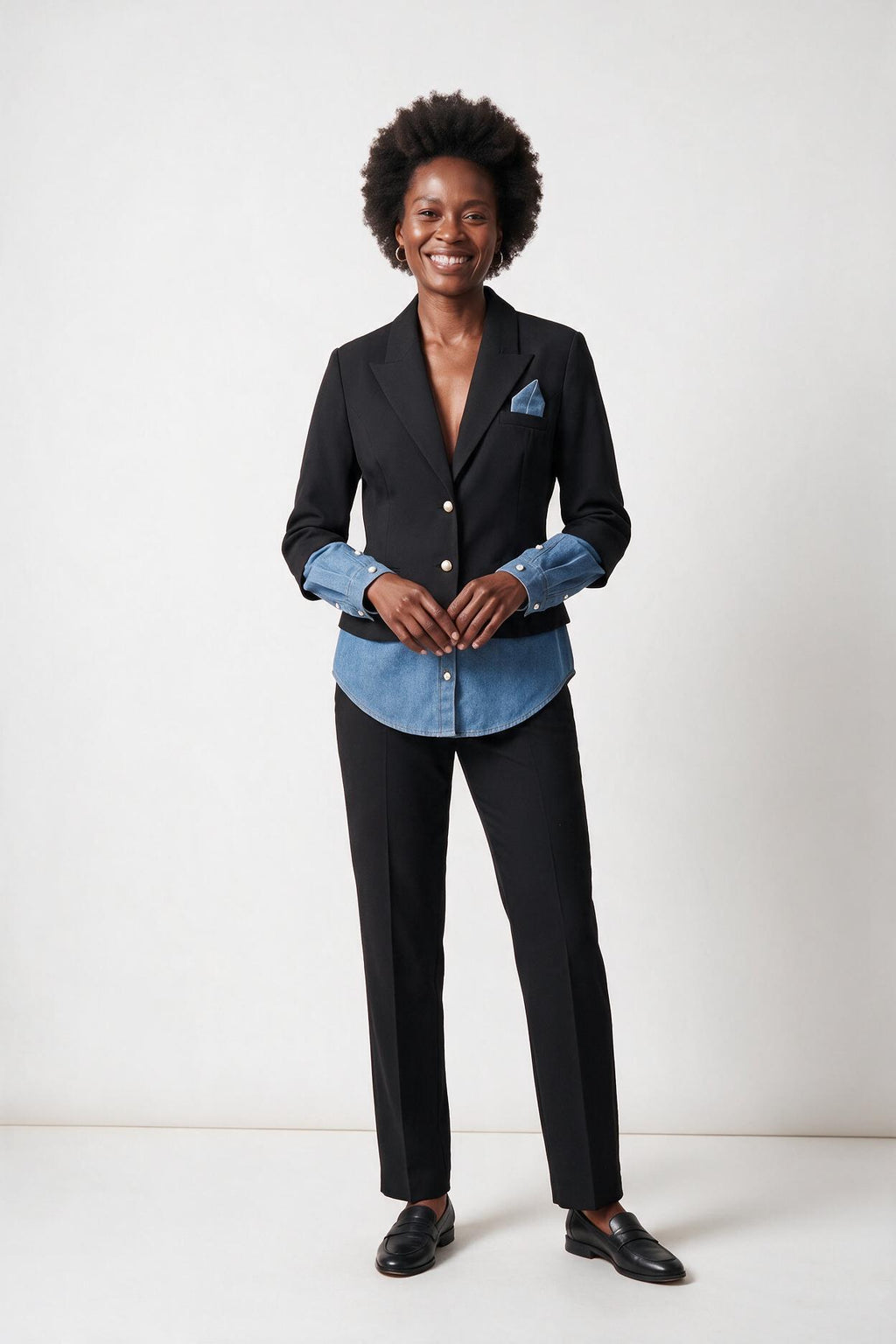 SOLTERI Ines - Denim-Hem Tailored Blazer - Black