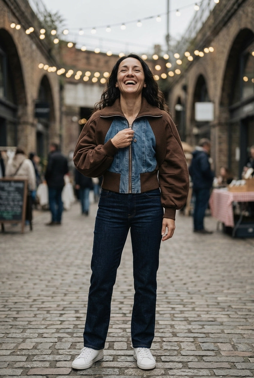 SOLTERI Aveline - Denim-Panel Cropped Bomber