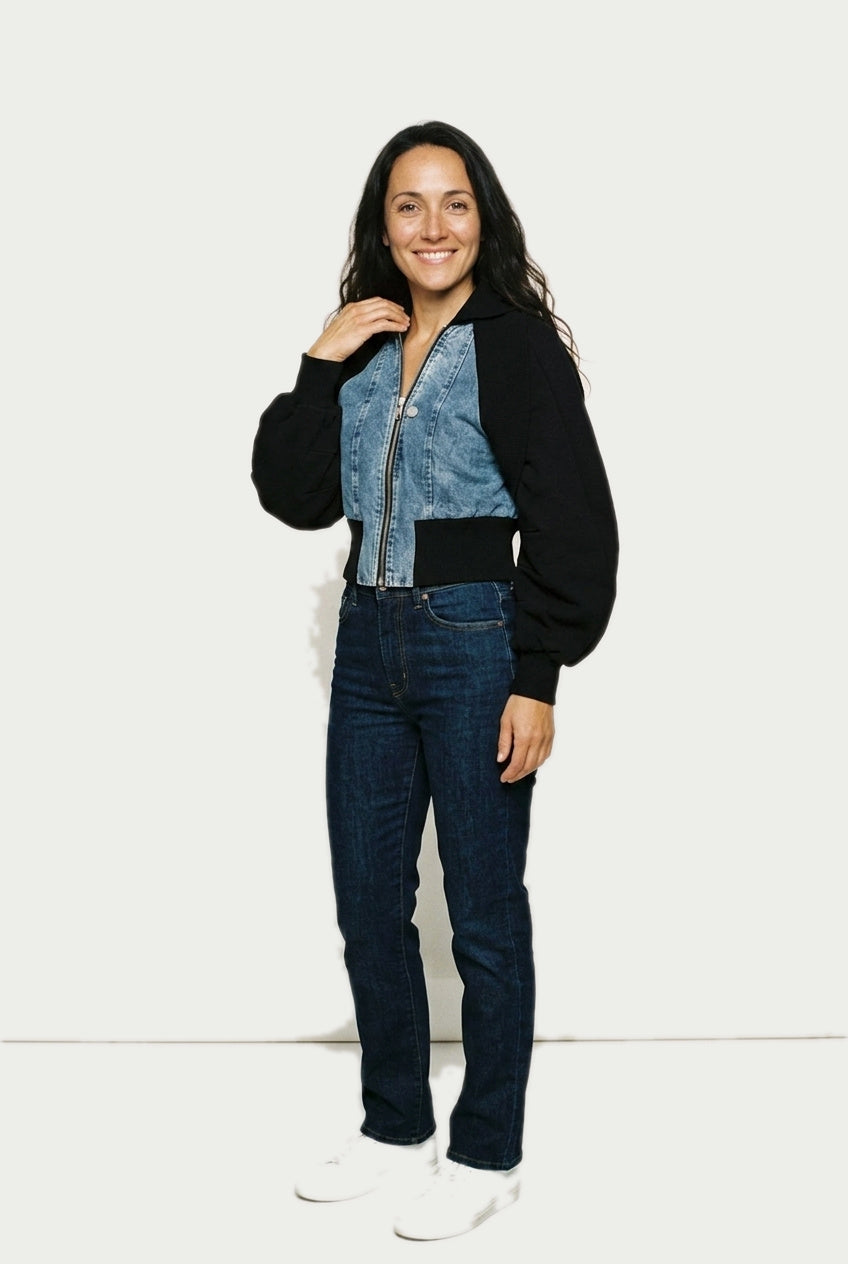 SOLTERI Aveline - Denim-Panel Cropped Bomber - Black