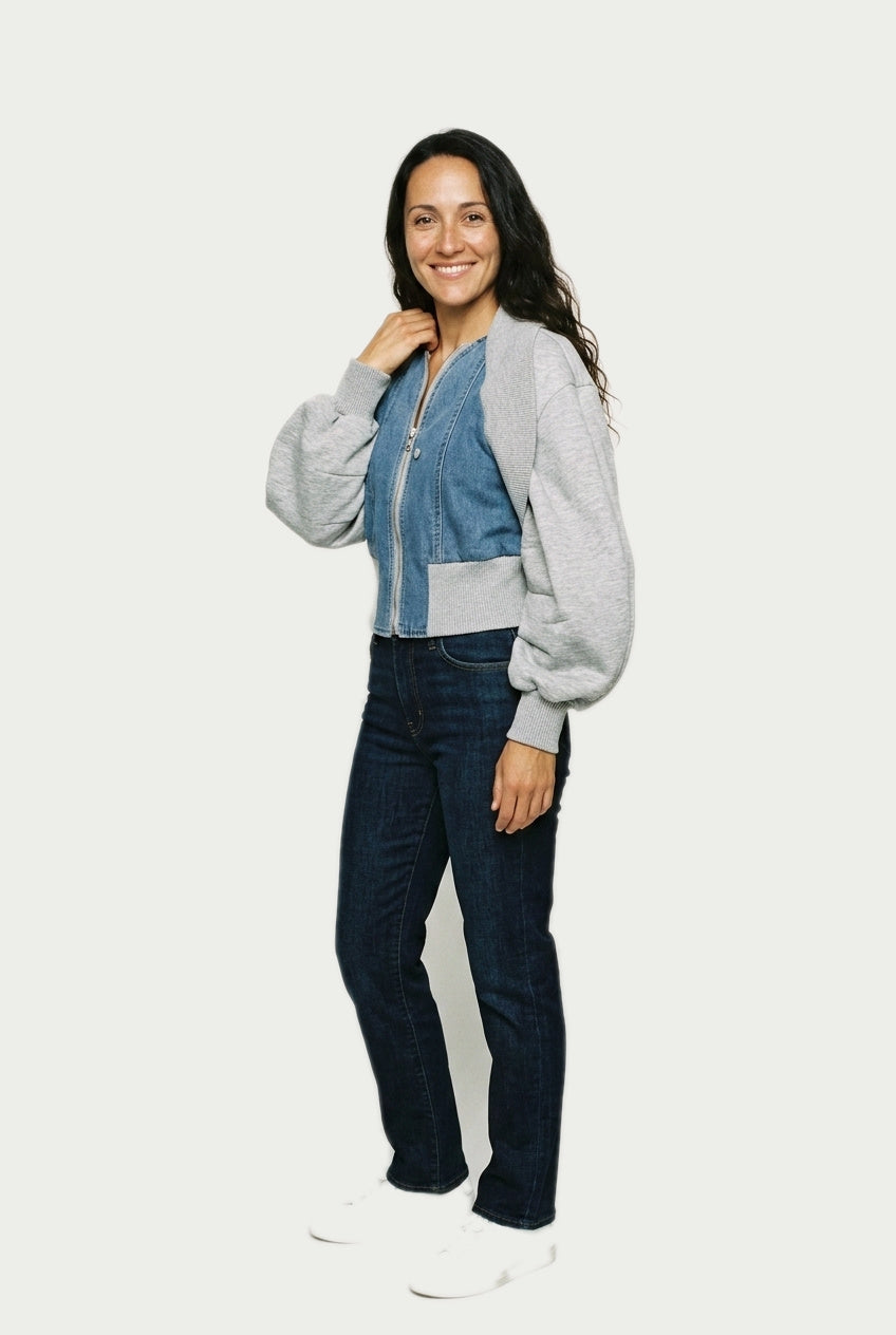 SOLTERI Aveline - Denim-Panel Cropped Bomber - Gray