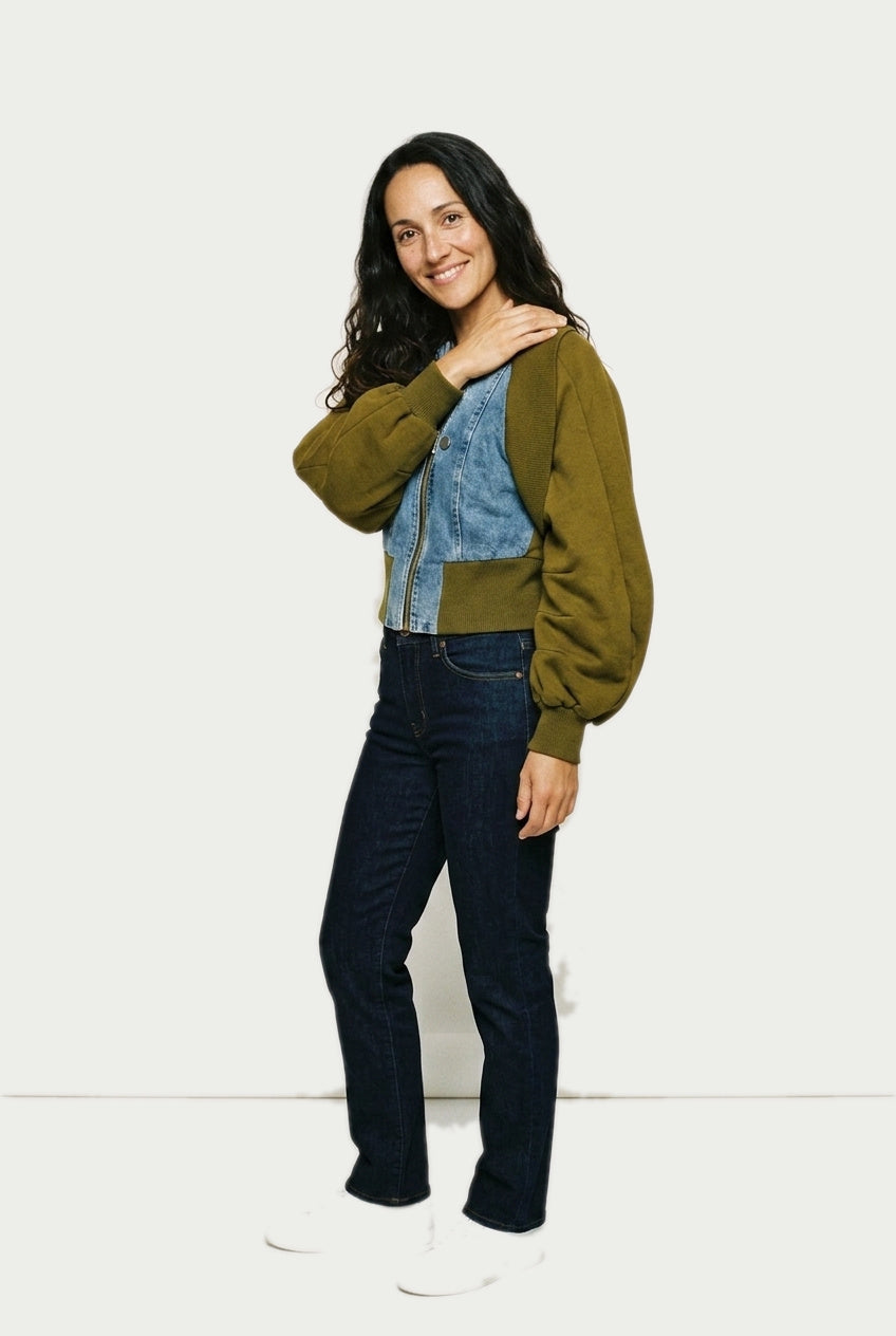 SOLTERI Aveline - Denim-Panel Cropped Bomber - Olive