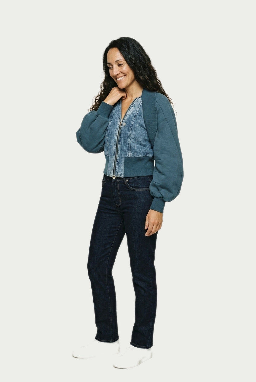 SOLTERI Aveline - Denim-Panel Cropped Bomber - Royal