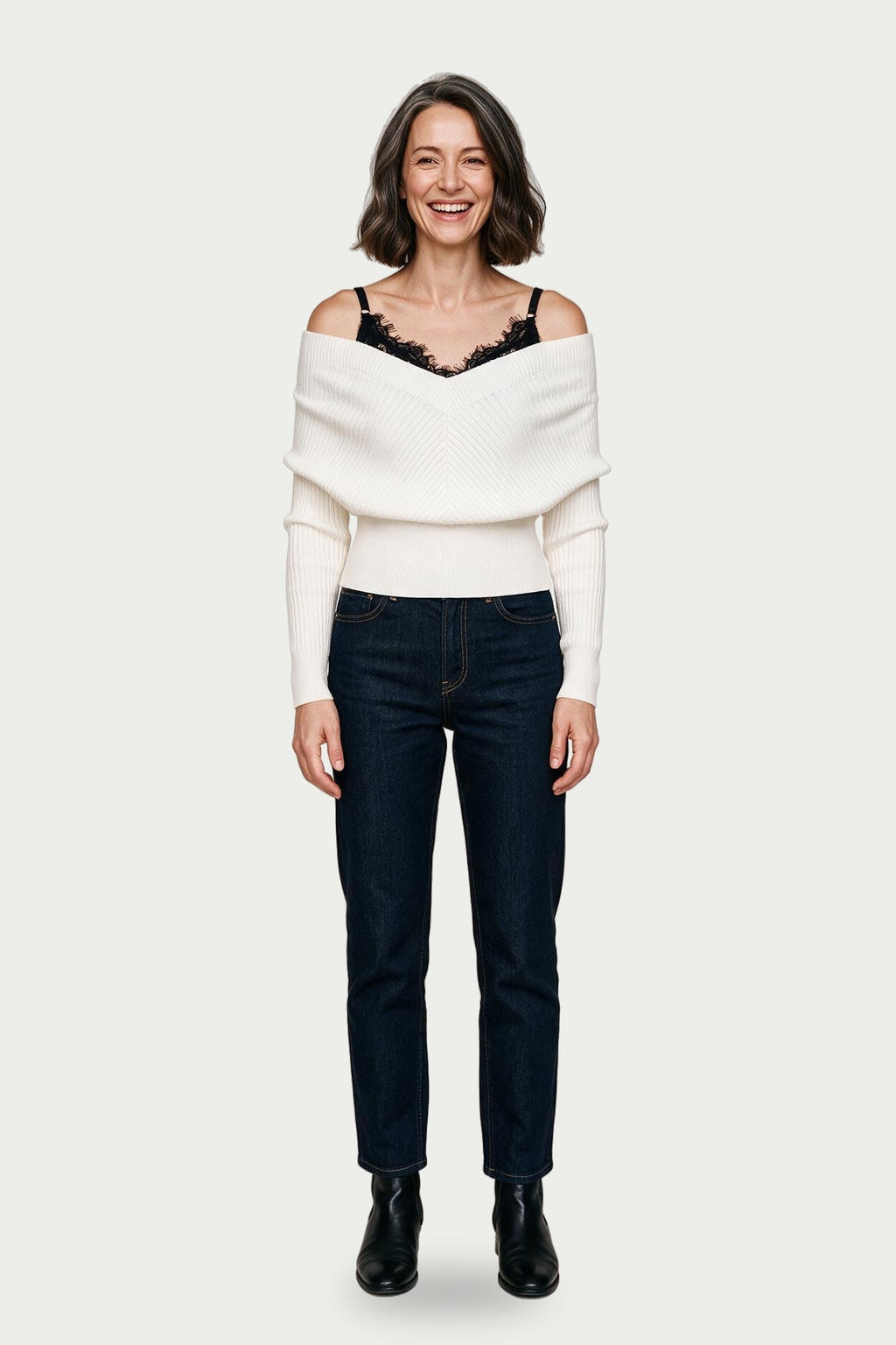 SOLTERI Odette - Lace-Trim Off-Shoulder Knit Top