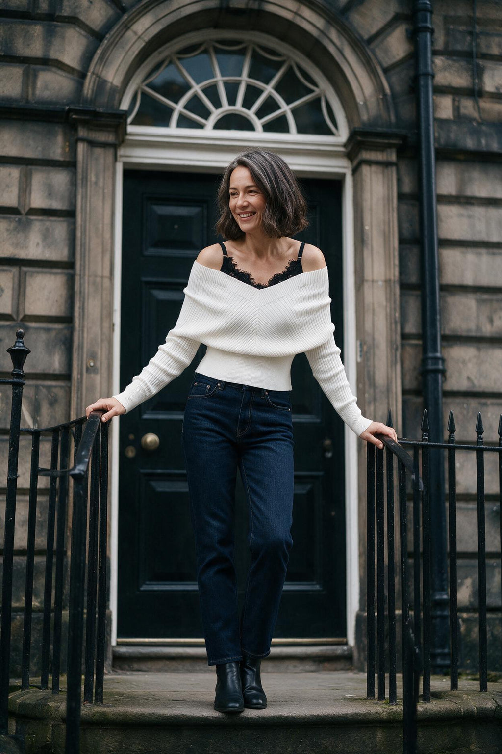 SOLTERI Odette - Lace-Trim Off-Shoulder Knit Top