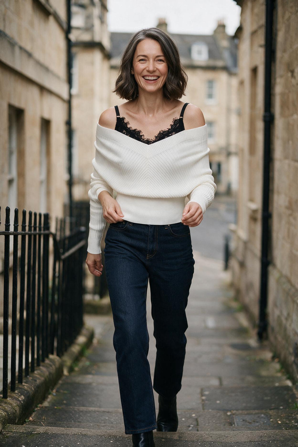 SOLTERI Odette - Lace-Trim Off-Shoulder Knit Top
