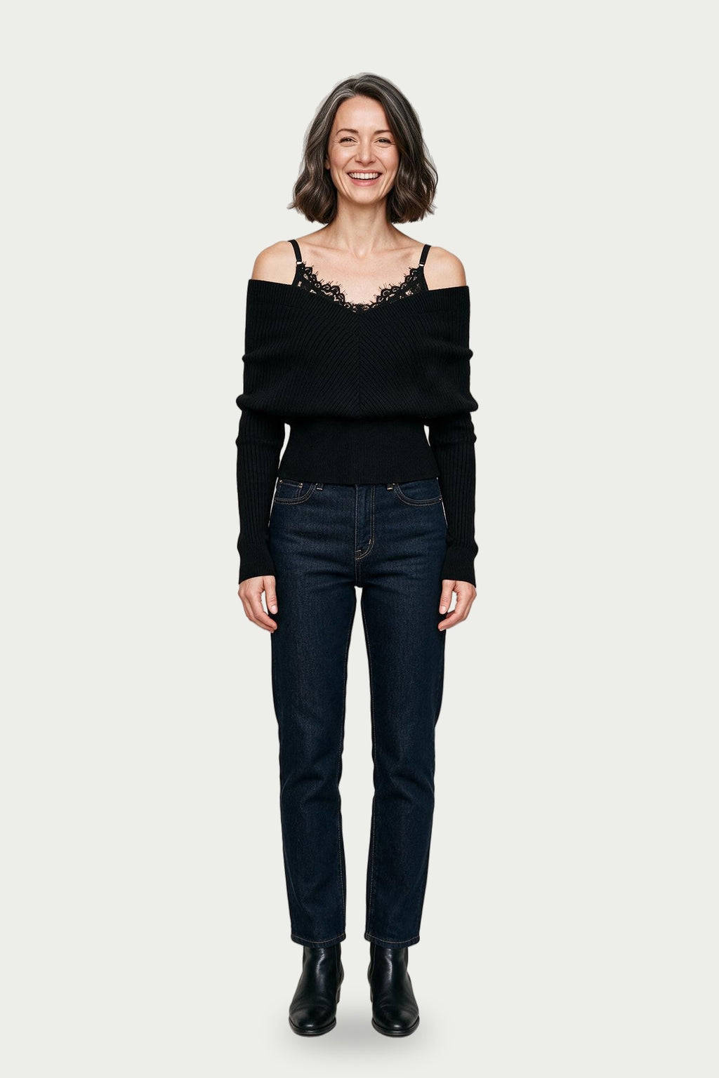 SOLTERI Odette - Lace-Trim Off-Shoulder Knit Top - Black