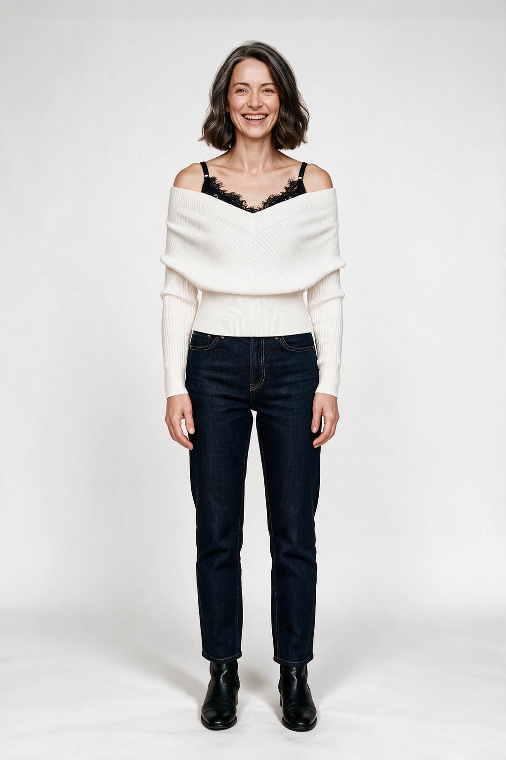 SOLTERI Odette - Lace-Trim Off-Shoulder Knit Top - White