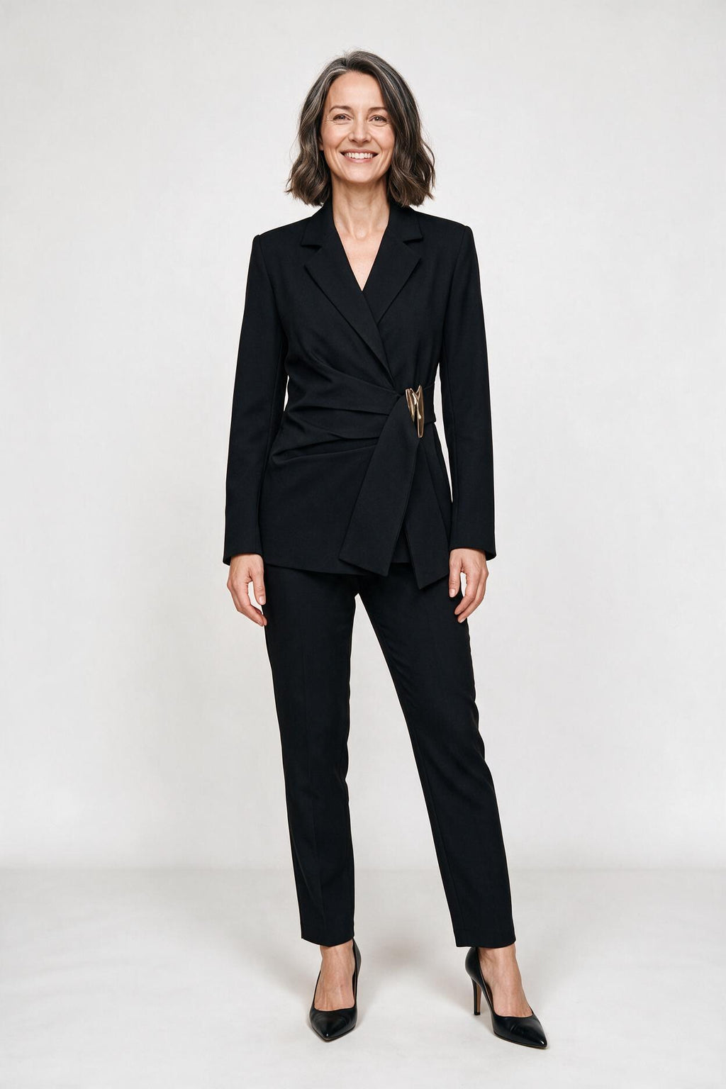 SOLTERI Solene - Ruched Wrap Blazer - Black