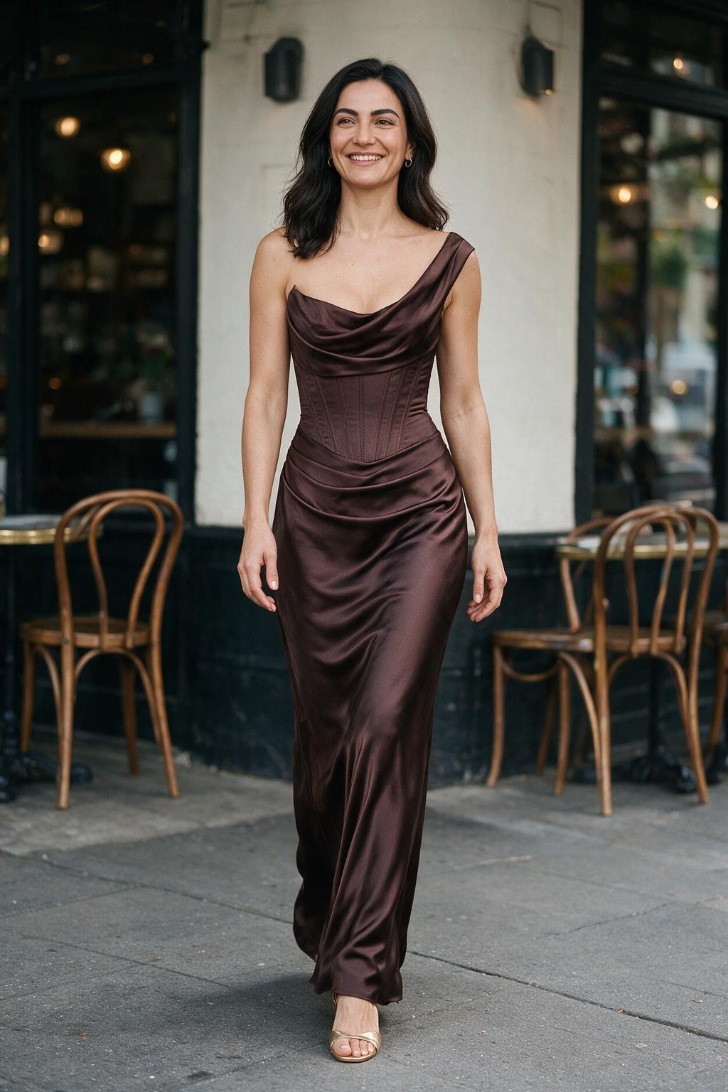SOLTERI Noor - Corseted Cowl-Neck Satin Gown