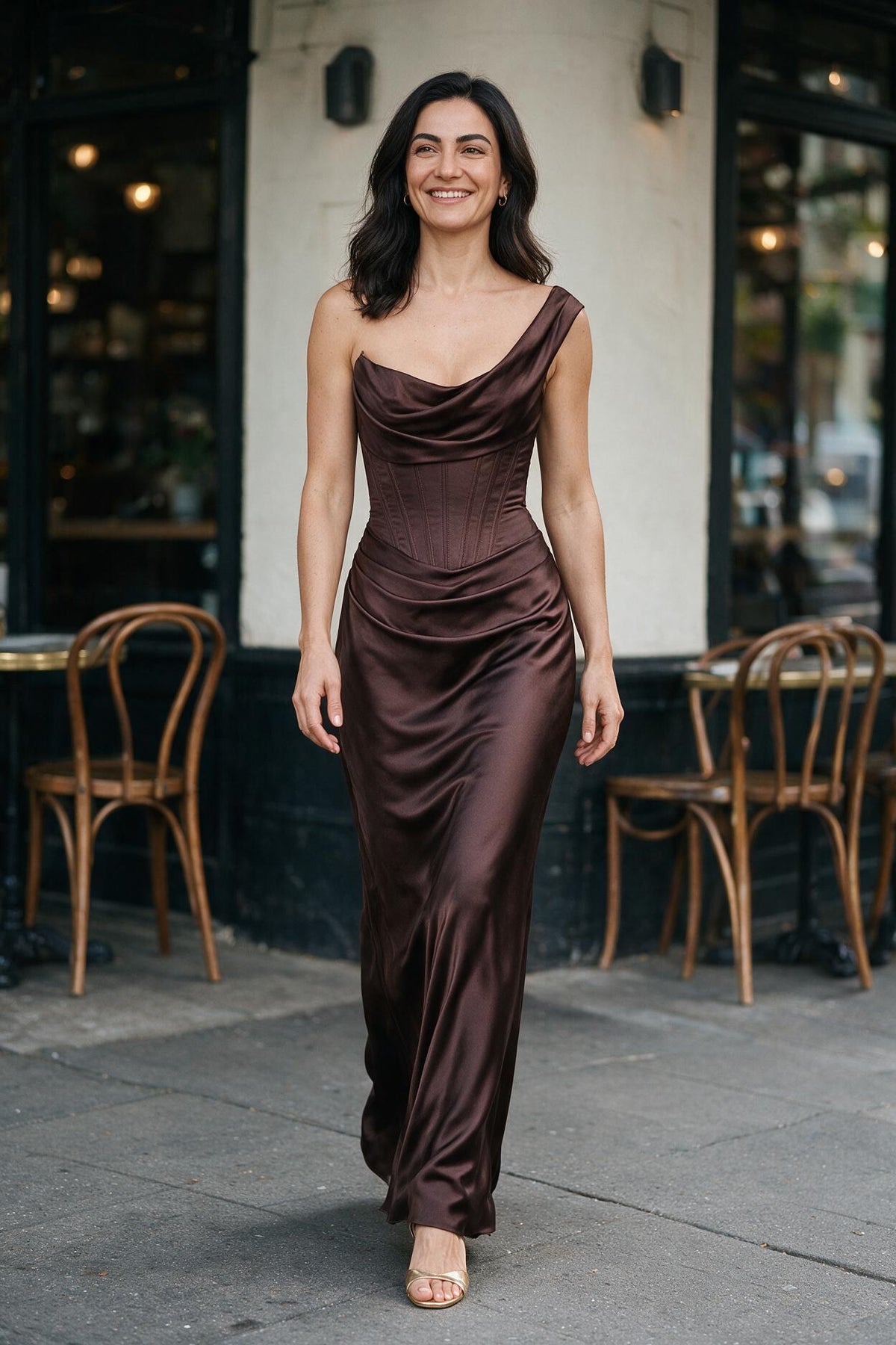 SOLTERI Noor - Corseted Cowl-Neck Satin Gown