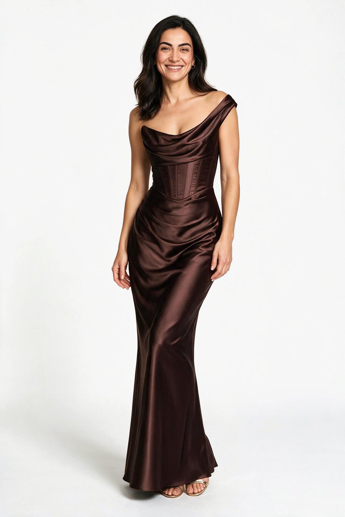 SOLTERI Noor - Corseted Cowl-Neck Satin Gown - Brown