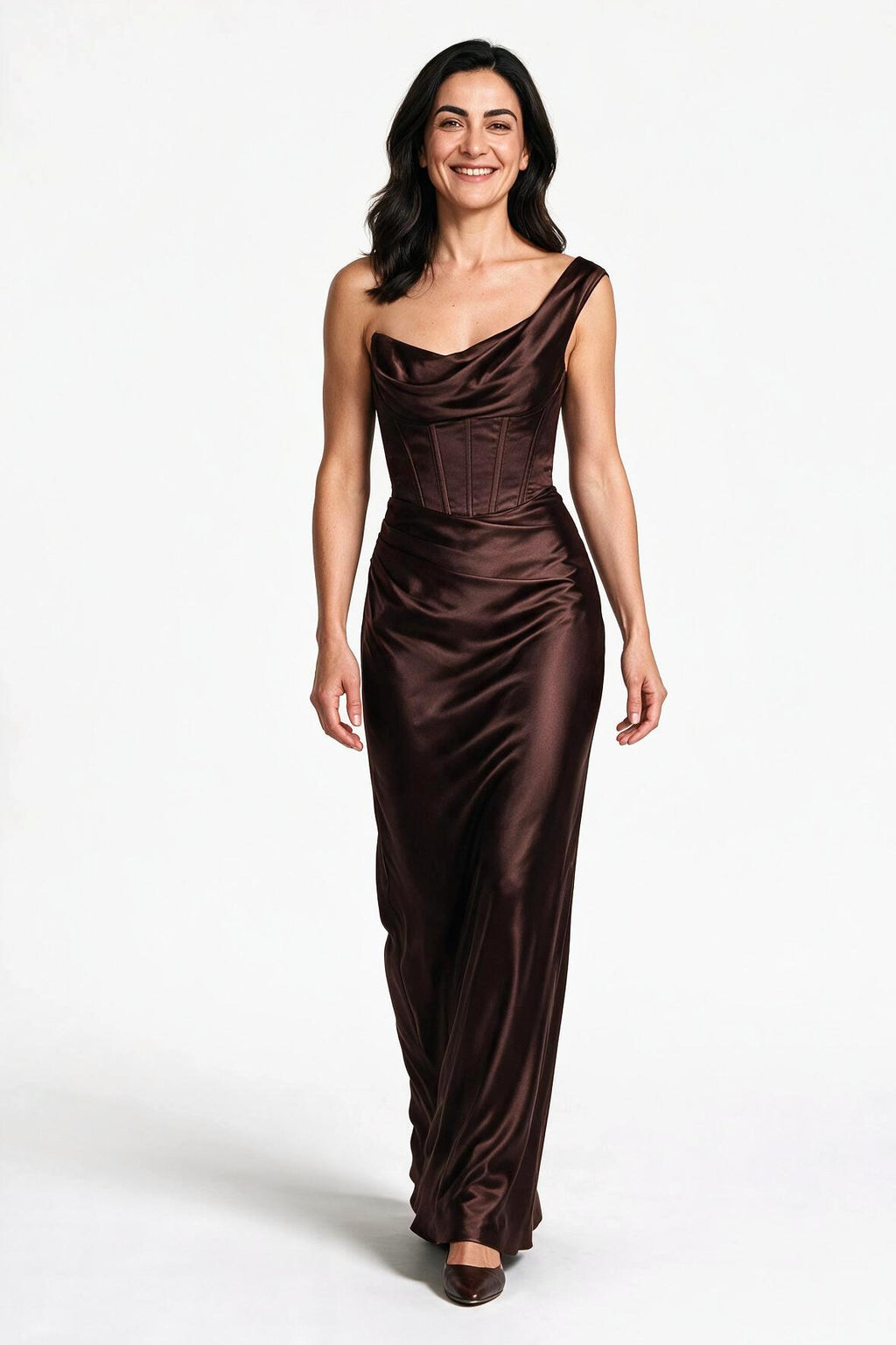 SOLTERI Noor - Corseted Cowl-Neck Satin Gown - Brown