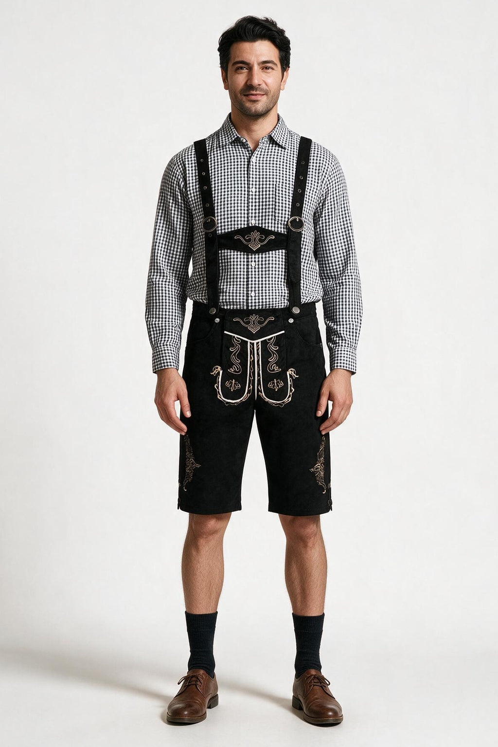 SOLTERI Otto - Two-Piece Trachten Shirt and Lederhosen Set - Black Lederhosen / Navy Check Shirt