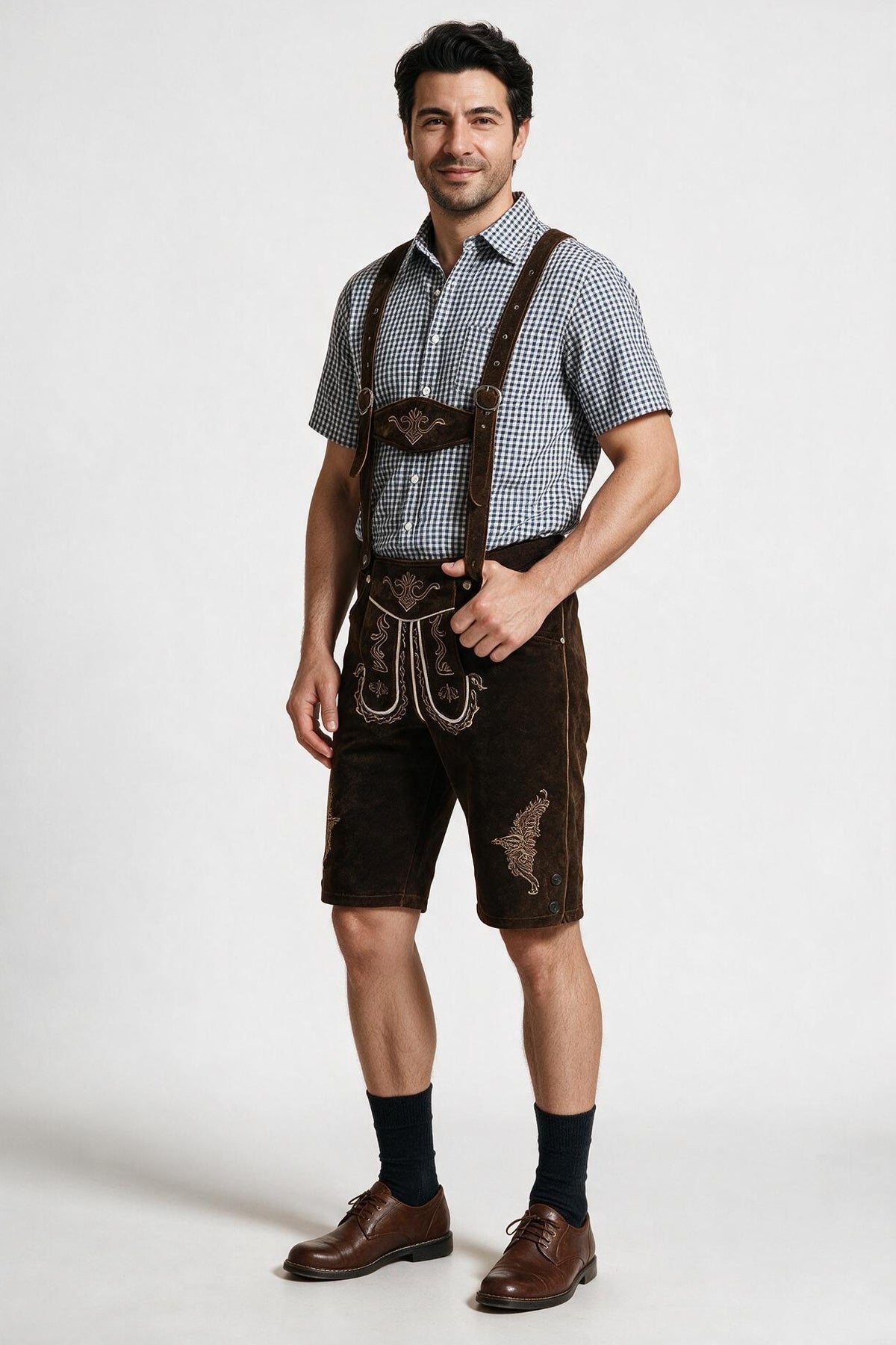 SOLTERI Otto - Two-Piece Trachten Shirt and Lederhosen Set - Brown Lederhosen / Blue Check Shirt