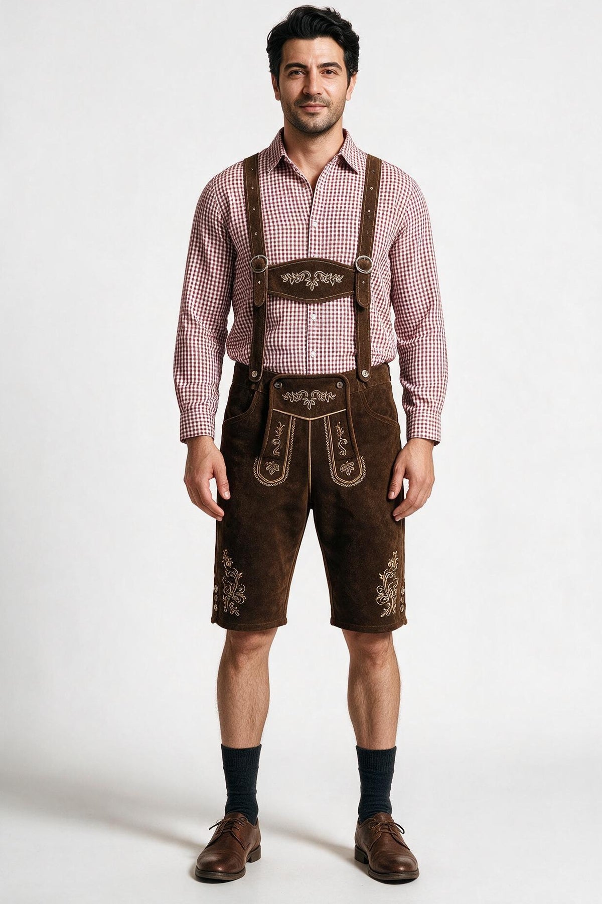SOLTERI Otto - Two-Piece Trachten Shirt and Lederhosen Set - Brown Lederhosen / Red Check Shirt