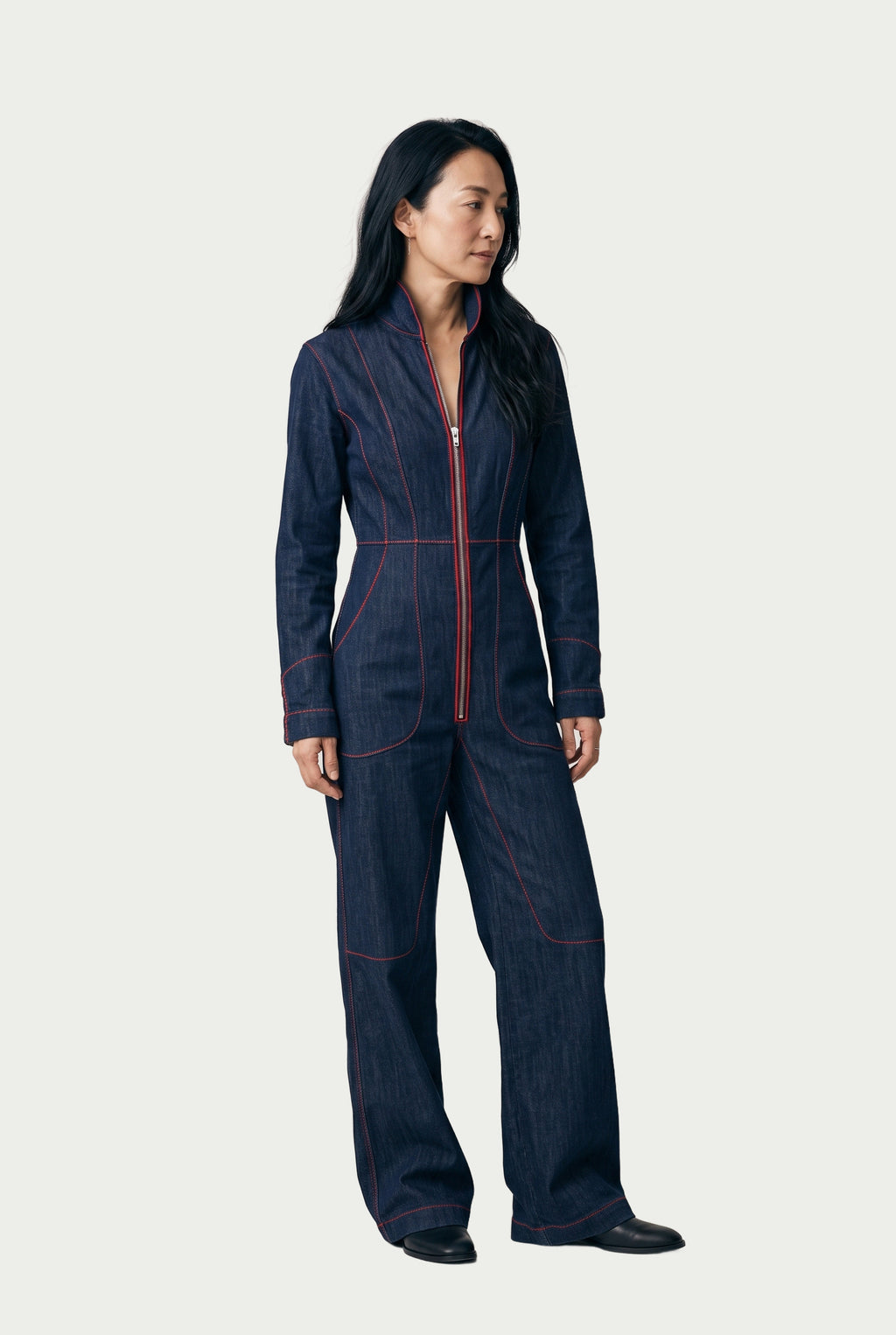 SOLTERI Greer - Topstitched Denim Wide-Leg Jumpsuit