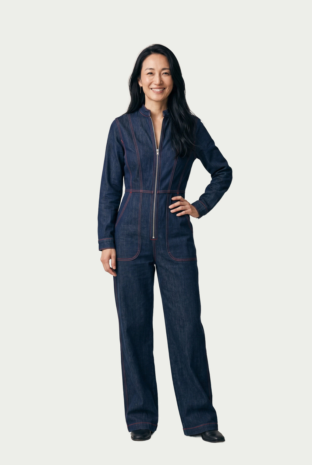 SOLTERI Greer - Topstitched Denim Wide-Leg Jumpsuit