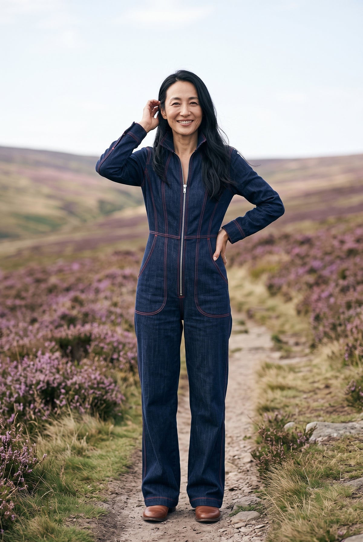 SOLTERI Greer - Topstitched Denim Wide-Leg Jumpsuit