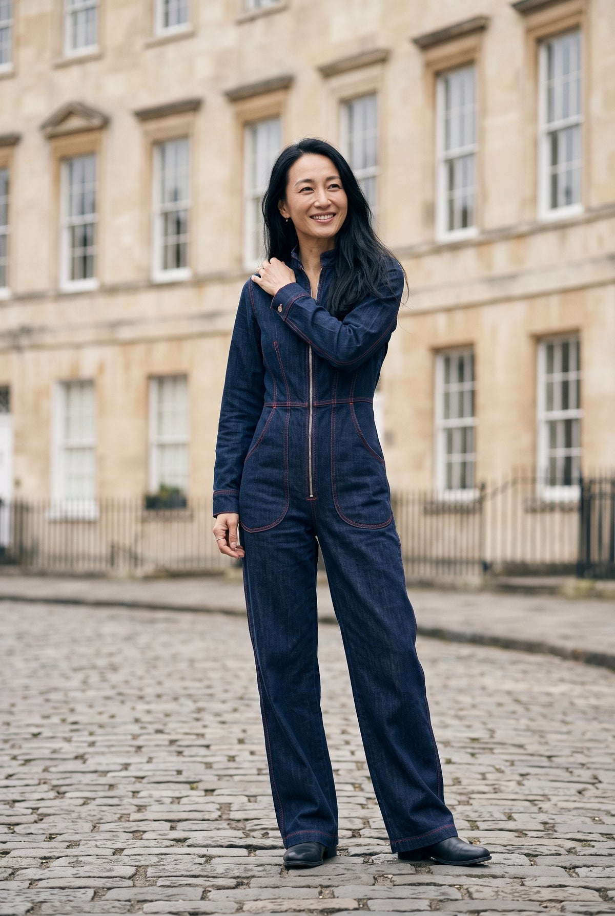 SOLTERI Greer - Topstitched Denim Wide-Leg Jumpsuit