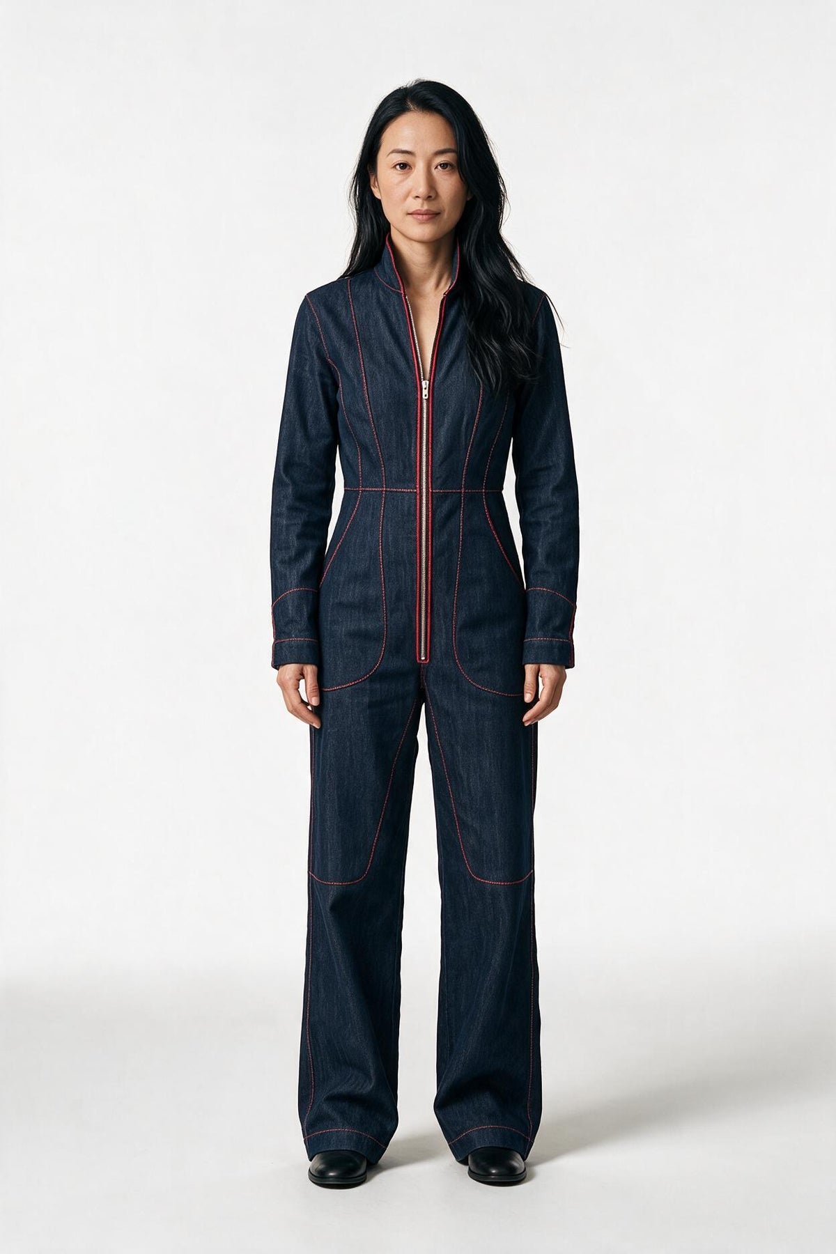SOLTERI Greer - Topstitched Denim Wide-Leg Jumpsuit - Dark Blue