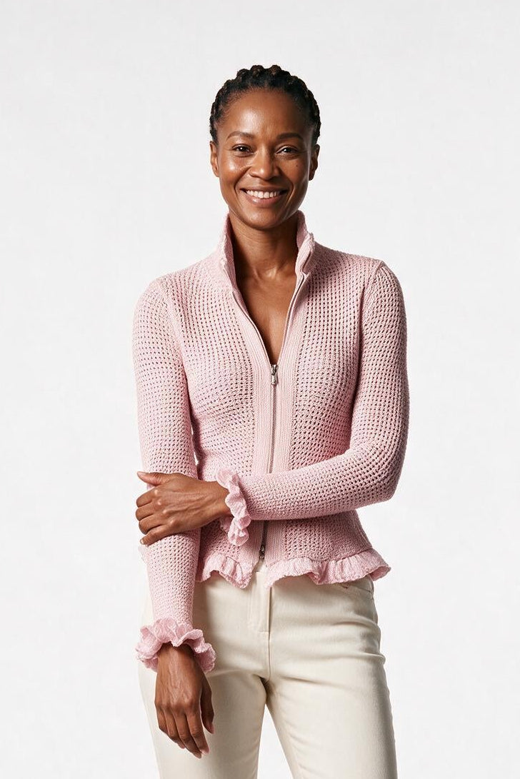 SOLTERI Pink Stand-up Collar Zipper Ruffled Mesh Knit Cardigan