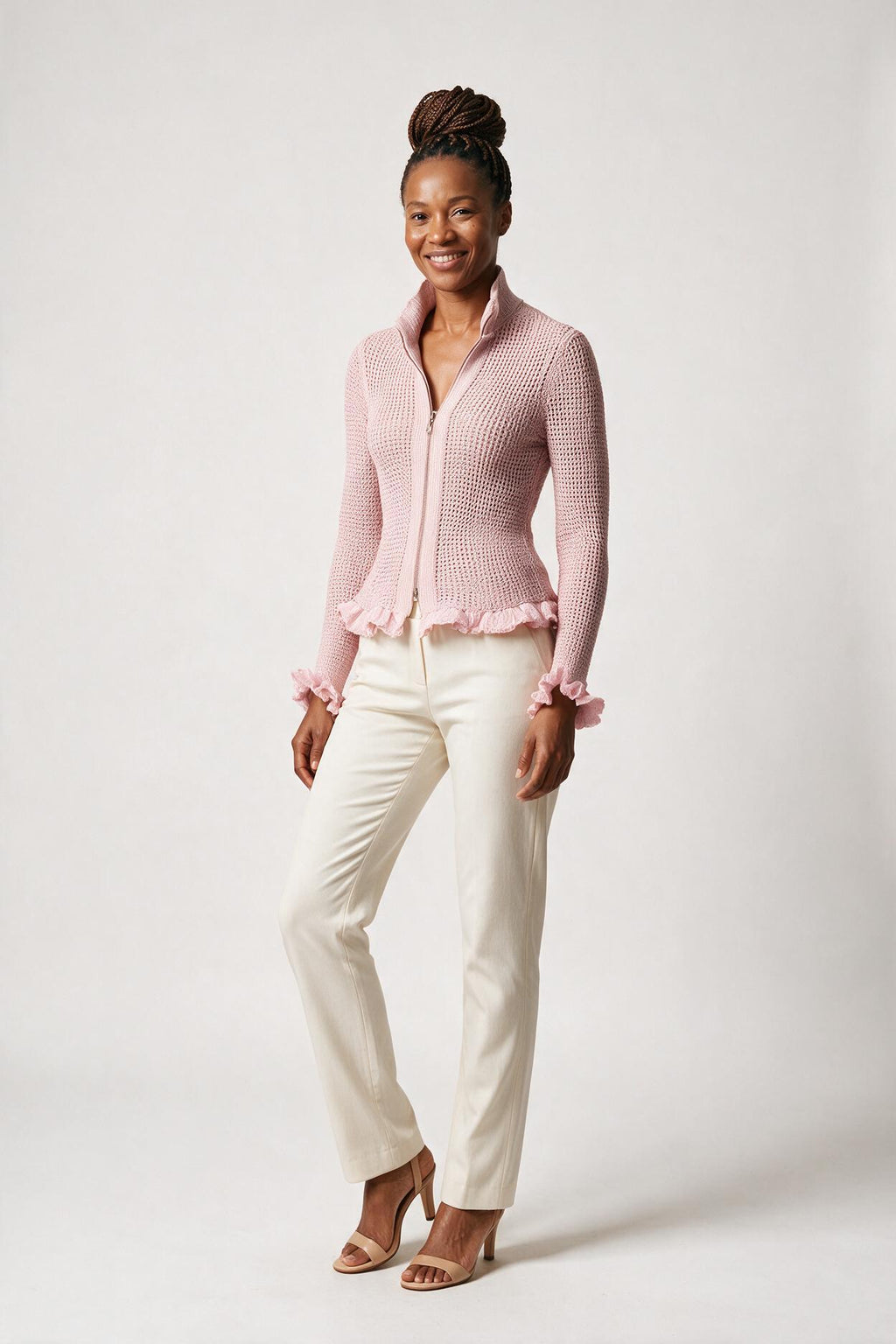 SOLTERI Pink Stand-up Collar Zipper Ruffled Mesh Knit Cardigan