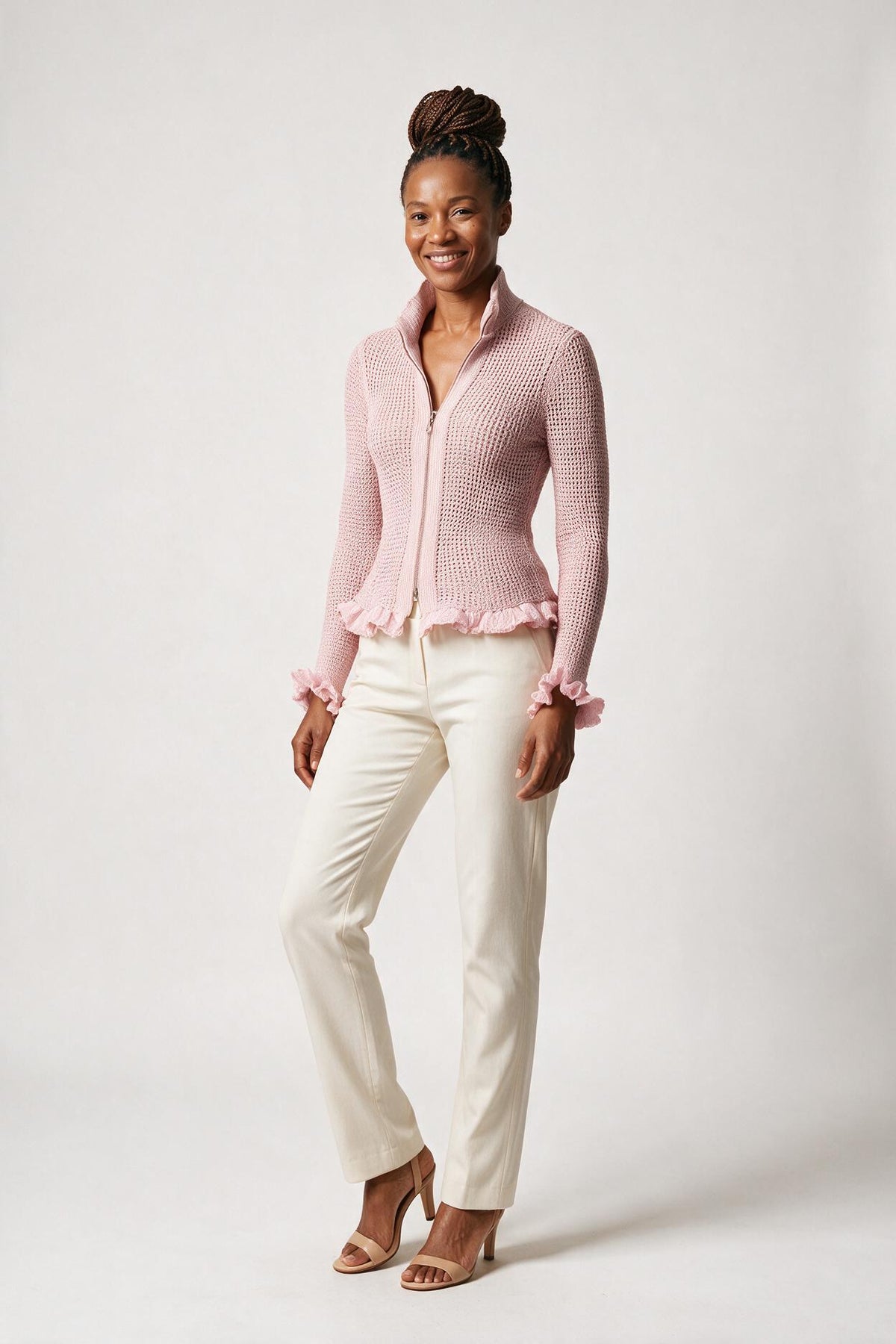 SOLTERI Pink Stand-up Collar Zipper Ruffled Mesh Knit Cardigan