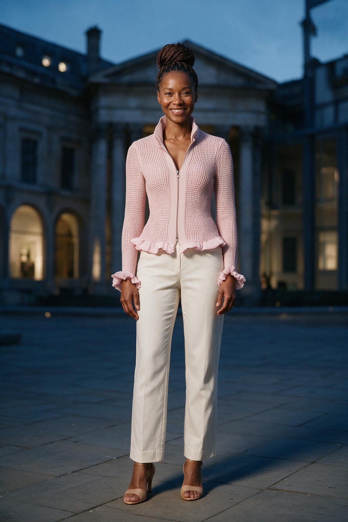 SOLTERI Pink Stand-up Collar Zipper Ruffled Mesh Knit Cardigan