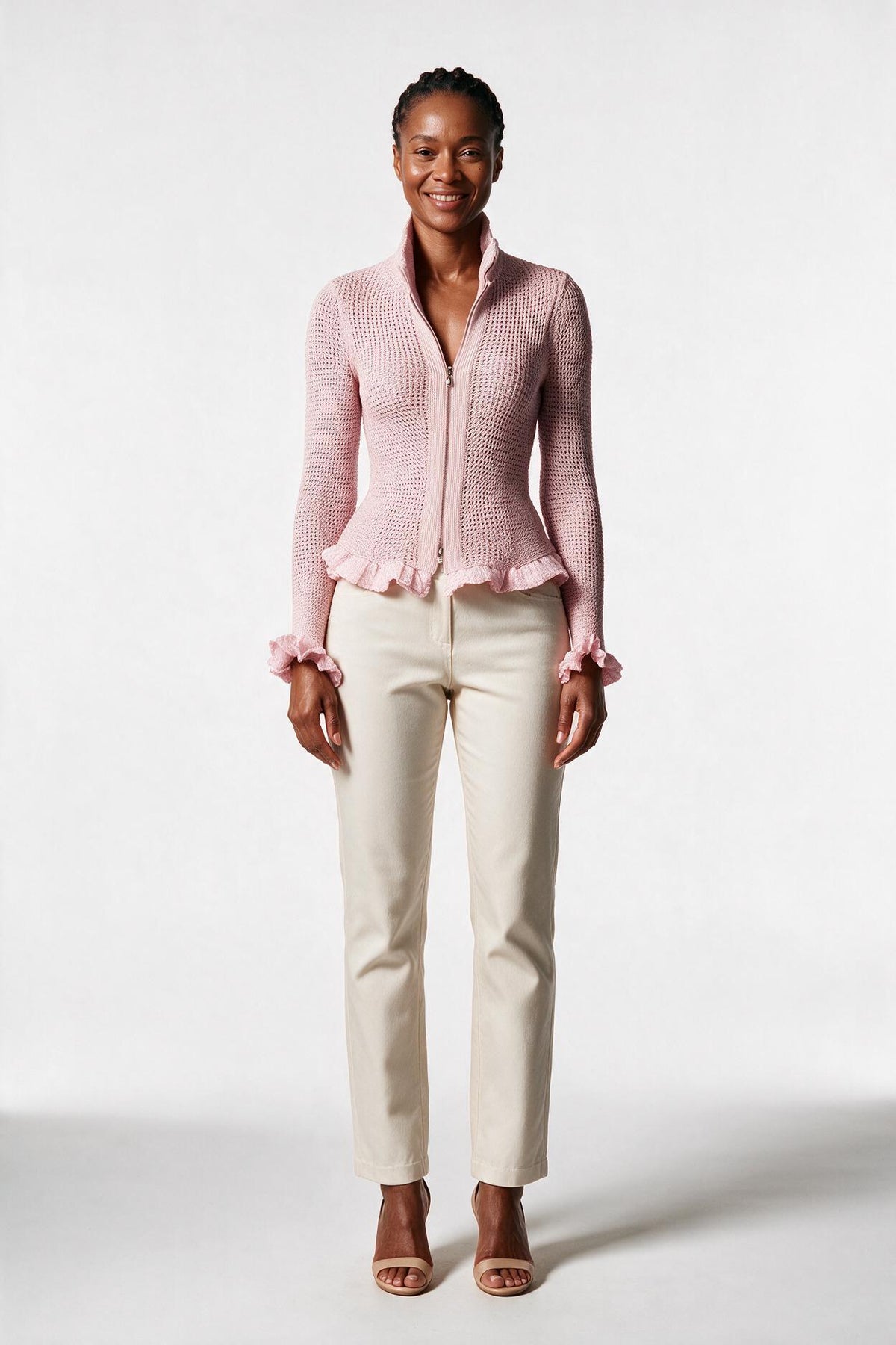 SOLTERI Primrose - Ruffled Mesh Knit Zip Cardigan - Pink