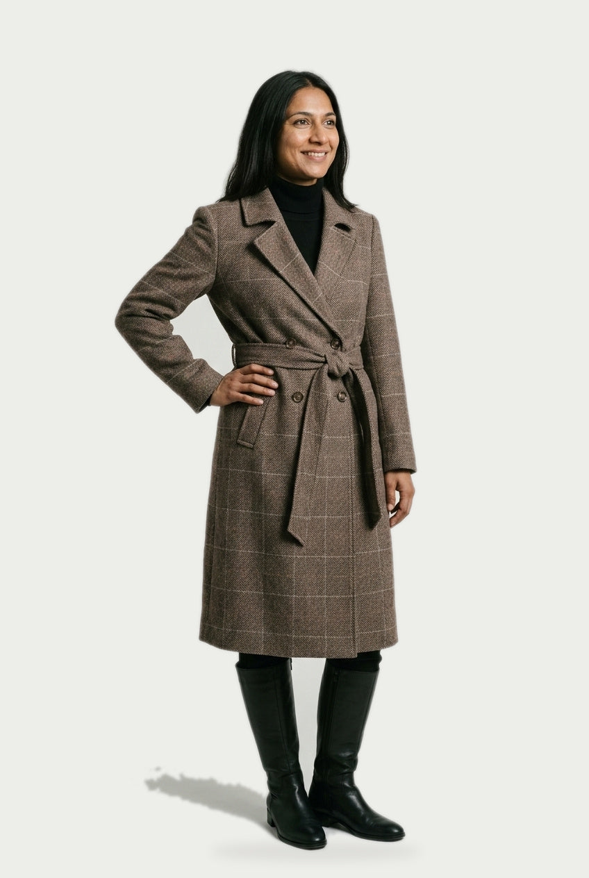 SOLTERI Cordelia - Belted Herringbone Check Coat
