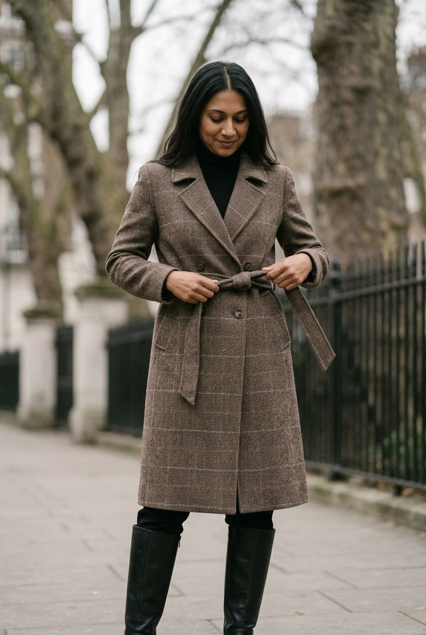 SOLTERI Cordelia - Belted Herringbone Check Coat
