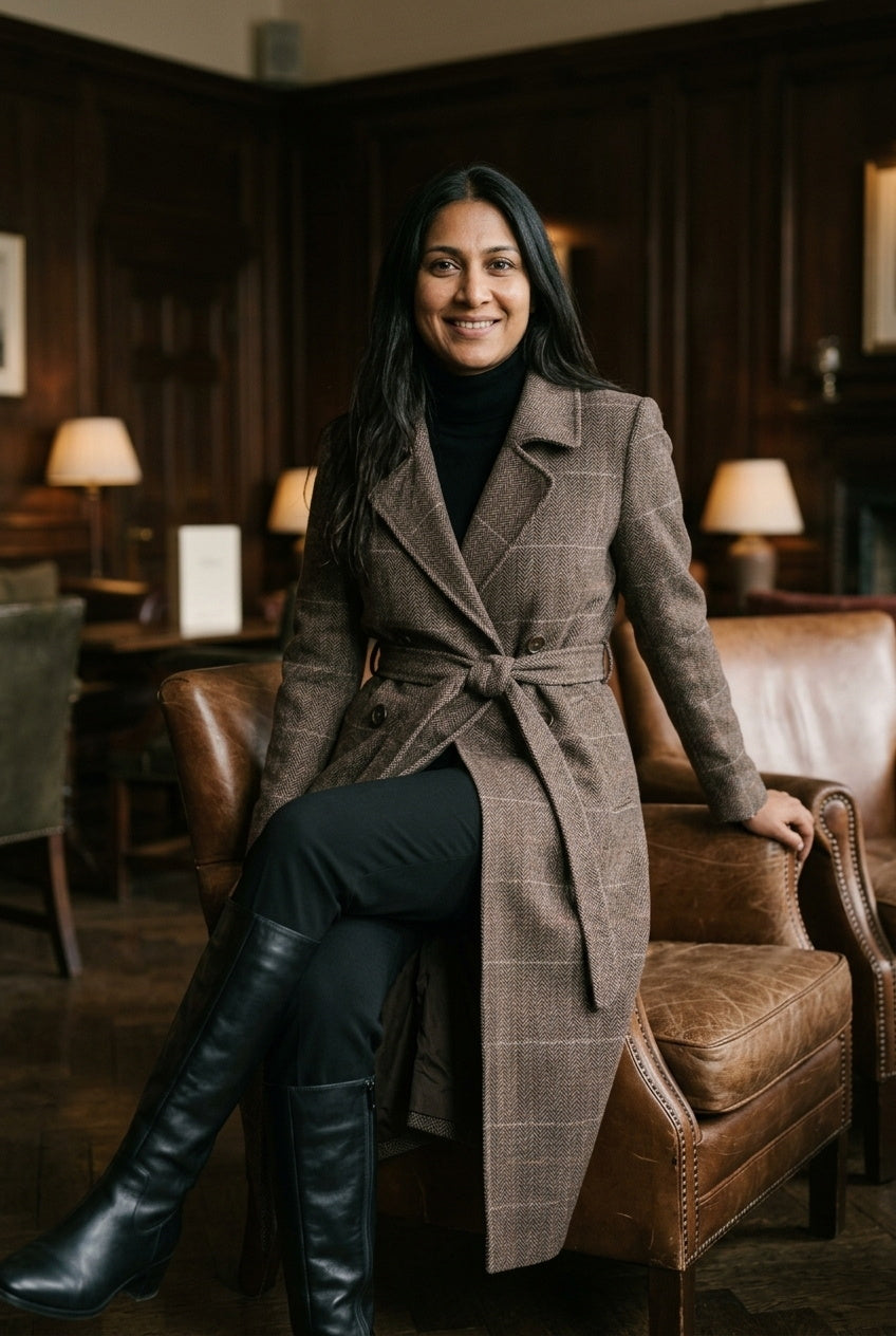 SOLTERI Cordelia - Belted Herringbone Check Coat