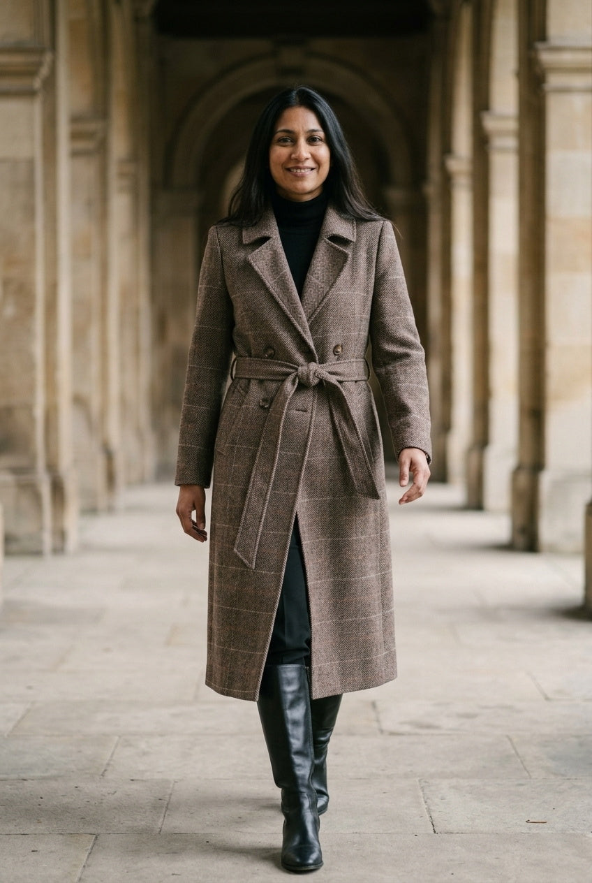 SOLTERI Cordelia - Belted Herringbone Check Coat