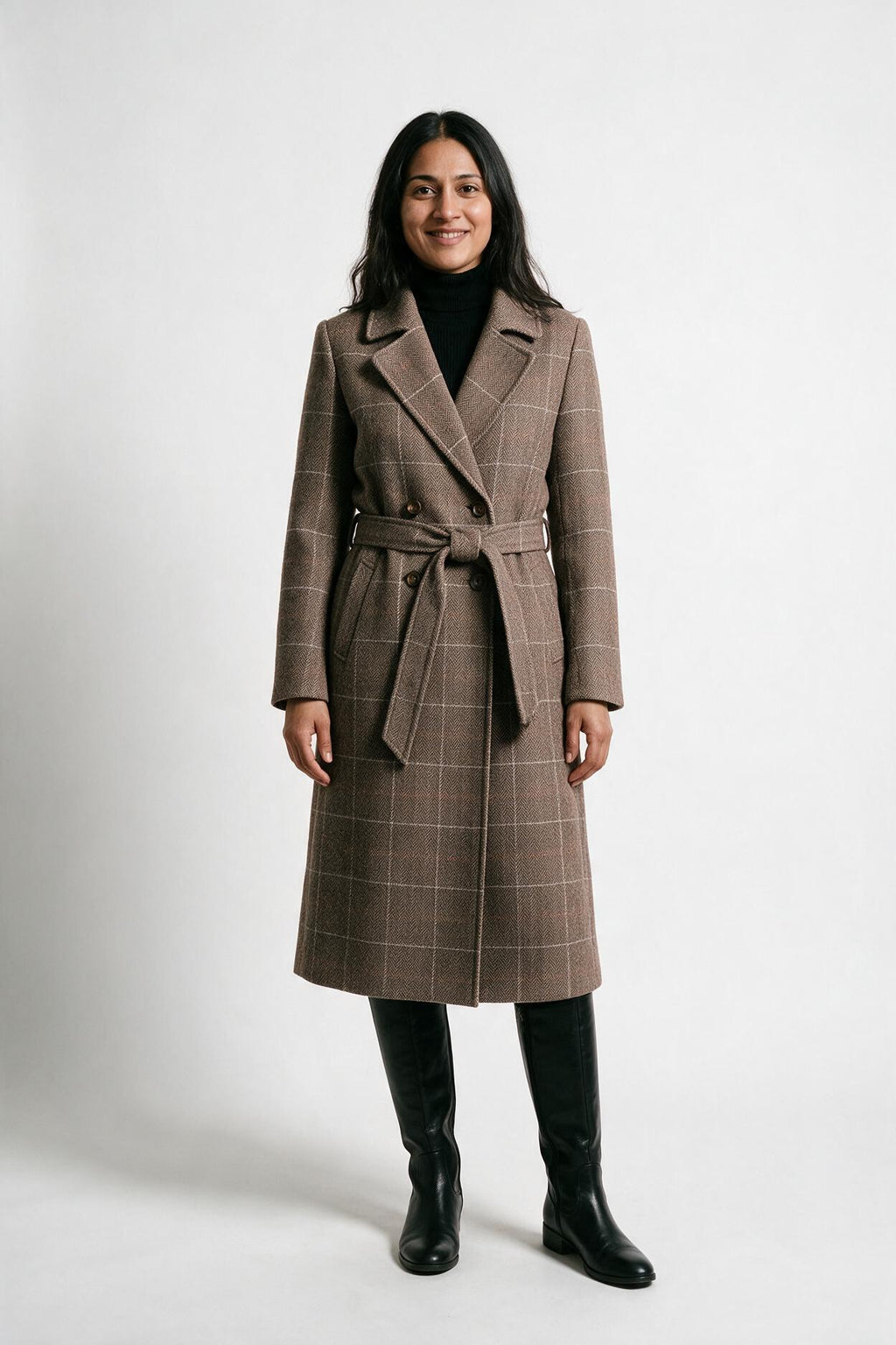 SOLTERI Cordelia - Belted Herringbone Check Coat - Coffee