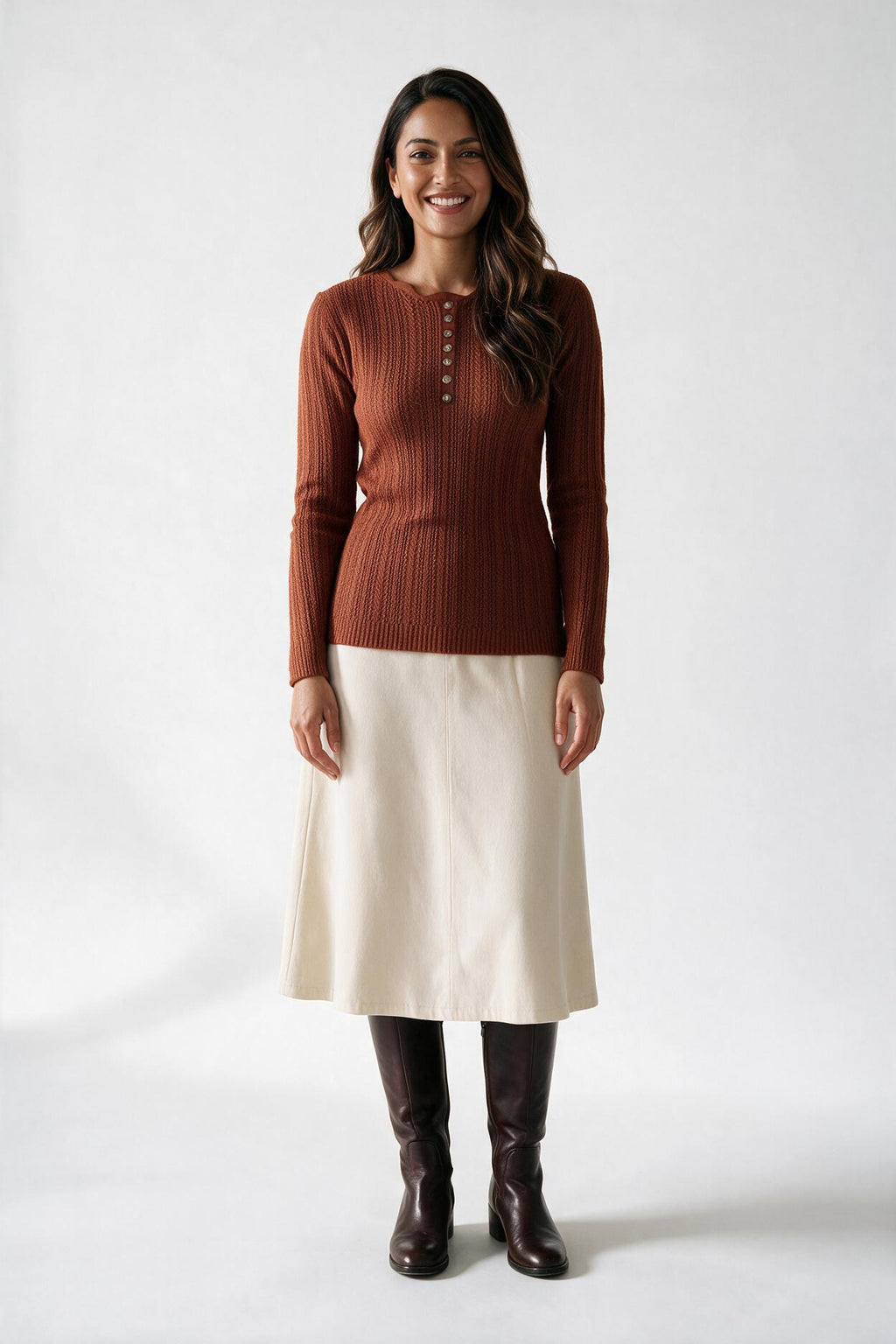 SOLTERI Saffron - Scalloped Round-Neck Slim Sweater - Brown
