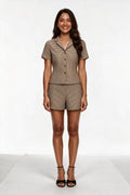 SOLTERI Camille - Micro-Gingham Short-Sleeve Blouse - Brown