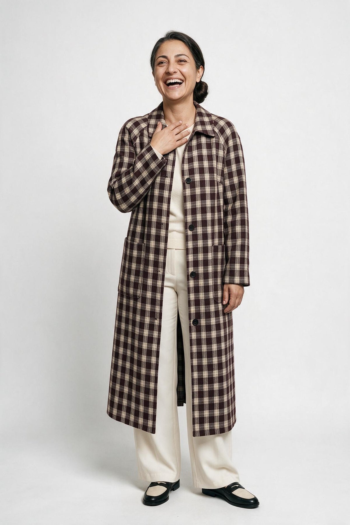 SOLTERI Mathilde - Checked Longline Duster Coat - Brown