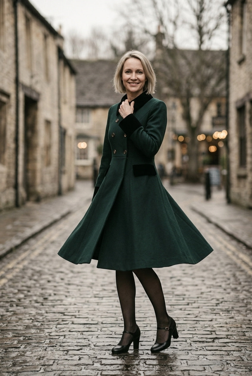 SOLTERI Verity - Velvet-Trim Fit-And-Flare Swing Coat