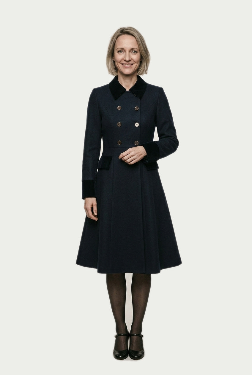 SOLTERI Verity - Velvet-Trim Fit-And-Flare Swing Coat - Blue