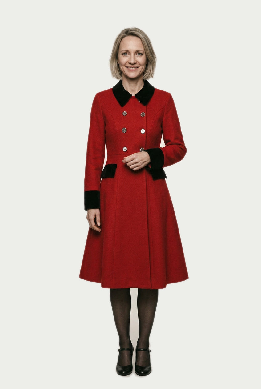SOLTERI Verity - Velvet-Trim Fit-And-Flare Swing Coat - Red