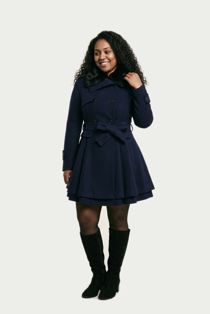 SOLTERI Giselle - Faux-Fur Collar Belted Swing Coat - Dark Blue